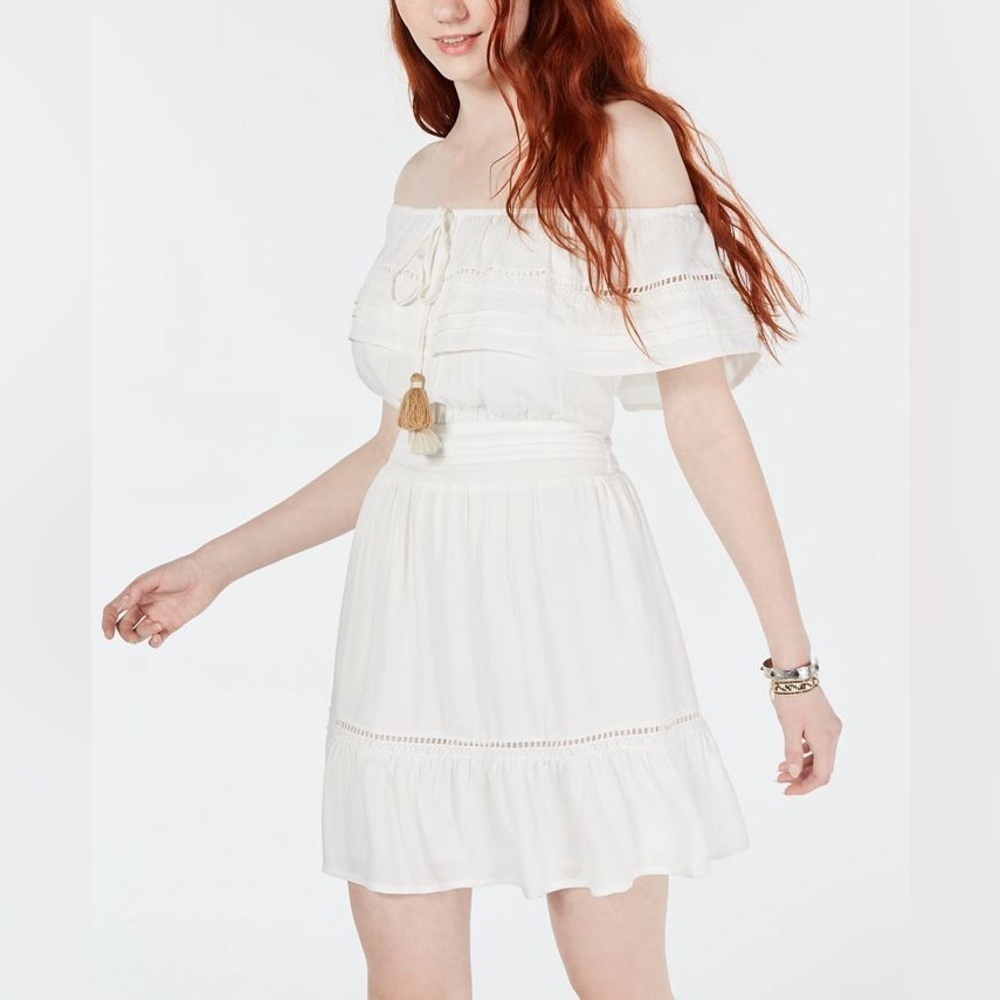 American Rag Off the Shoulder Boho Eyelet Tassled Mini Lined White Sun Dress M